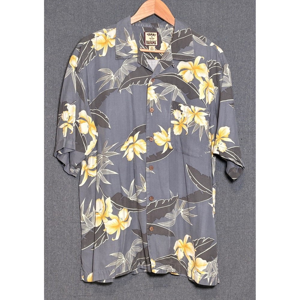 Tommy Bahama Mens Large 100% Silk Floral Camp Shirt Grey Yellow Tropical Shirt